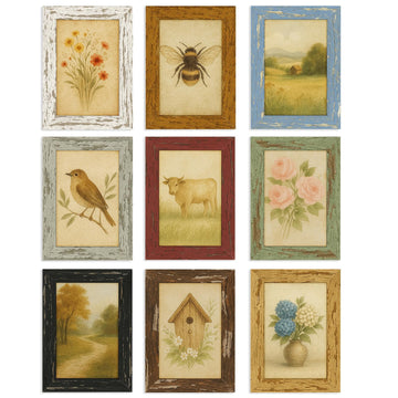 4x6 Rustic Farmhouse Picture Frames with Vintage Prints, Set of 9