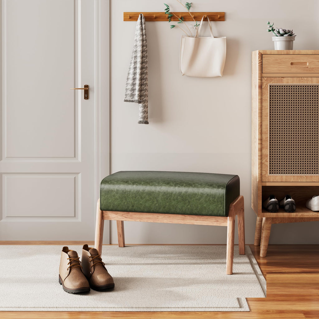 Modern Ottoman Foot Stool, Faux Leather Accent Sofa Footrest with Walnut Rubber Wood Frame, Ottoman Bench Entryway