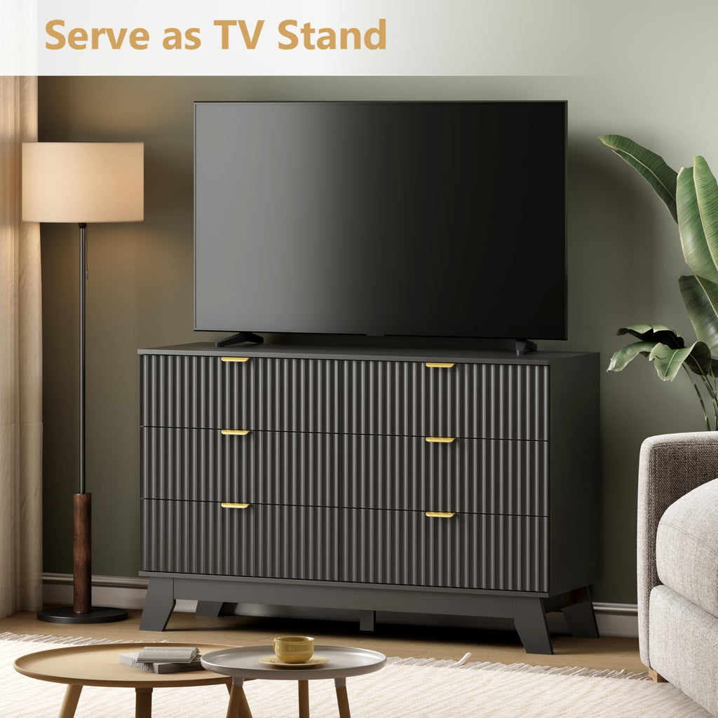 6 Drawer Fluted Dresser, Mid Century Modern Dresser with 6 Drawers, Dressers & Chests of Drawers with Metal Handle
