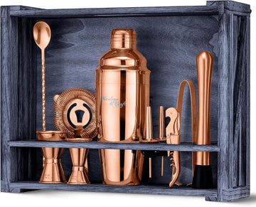 Rustic Cocktail Shaker Set - Includes Wood Stand, Complete Barware Kit with 24 Oz Shaker, Dual Jiggers, Pourers