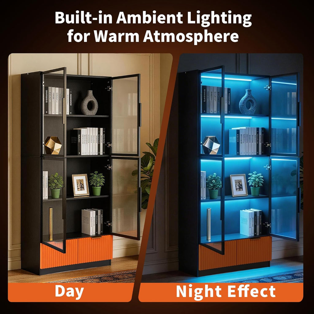 Black Display Cabinet, 67-Inch High Bookcase, Multi-Colored LED Ambient Lighting, 4-Tier Large Storage Space, 2 Large