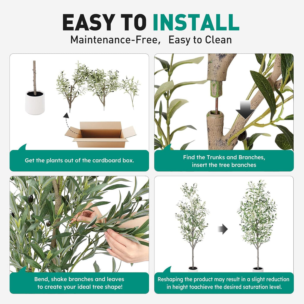 Olive Tree Artificial Indoor, 5ft Tall Silk Faux Olive Tree with White Planter, Artificial Plants with Natural Wood