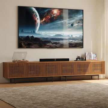Fully Assembled Mid-Century Modern TV Stand with Slatted Doors, 118.11" Wood Media Console, TV Console with Tall-cast