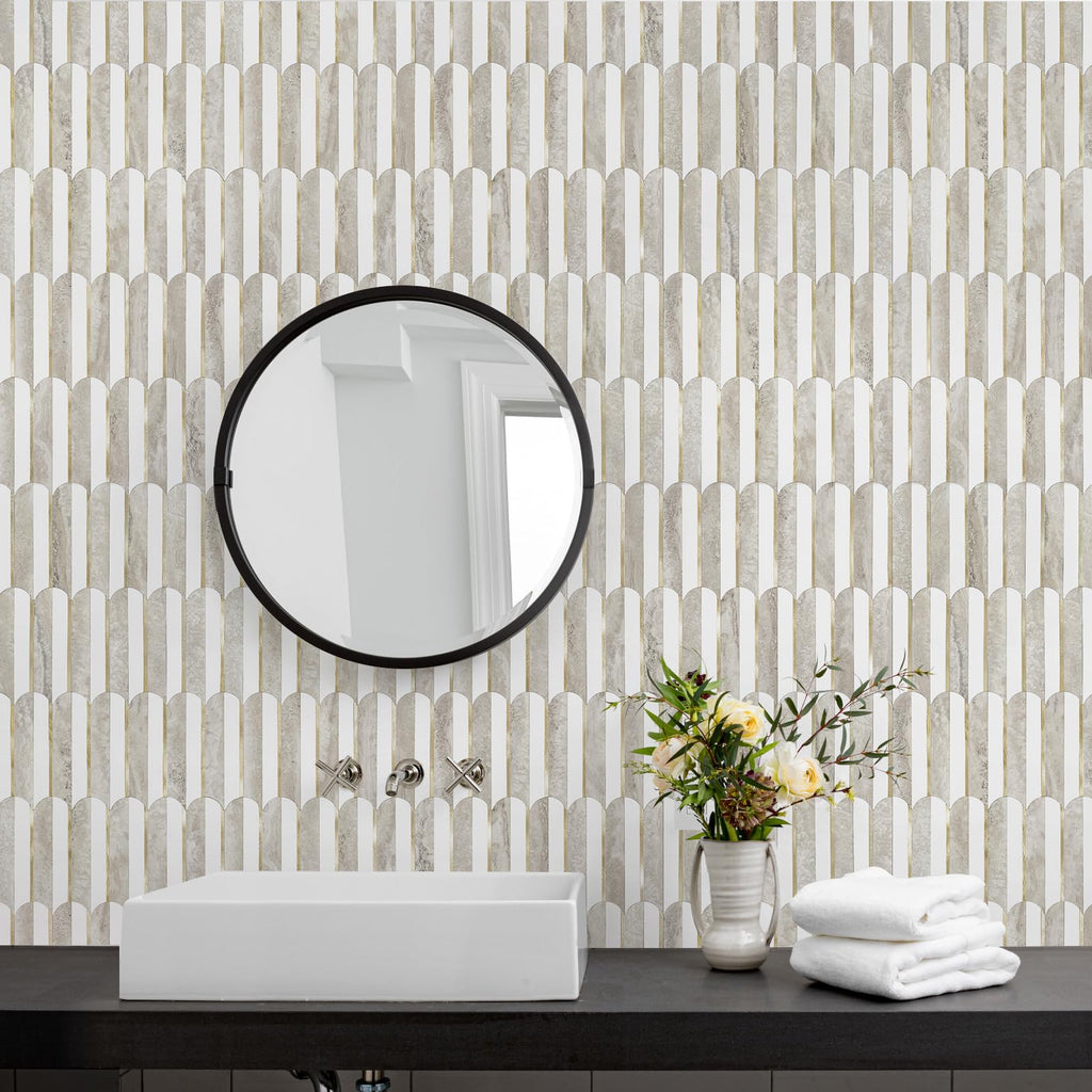 Peel and Stick Backsplash Seamless Tile ,White and Beige Slate PVC Mixed Light Gold Self Adhesive Fish Scale Metal