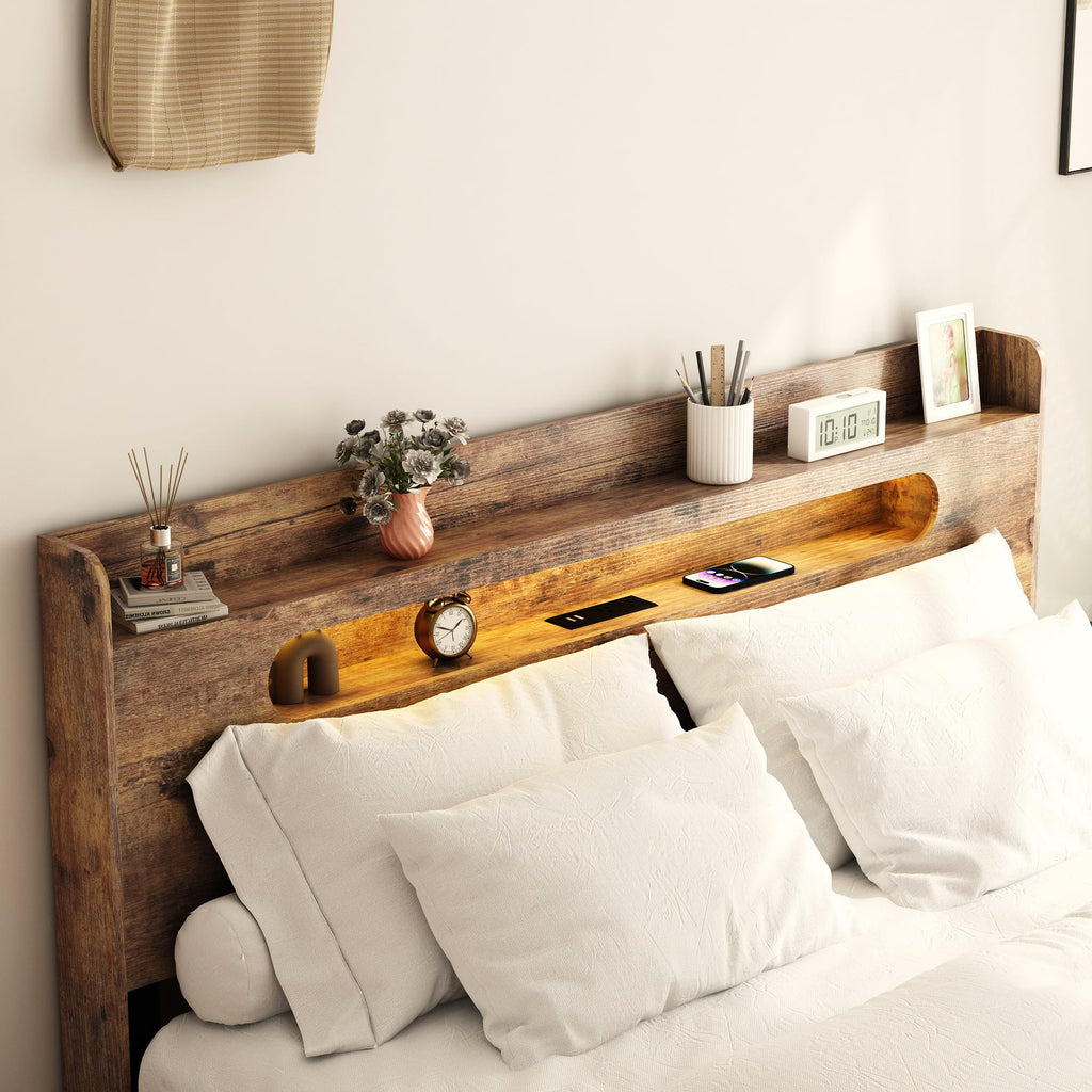 Wooden Bed Frame with Storage Headboard, Farmhouse Platform
