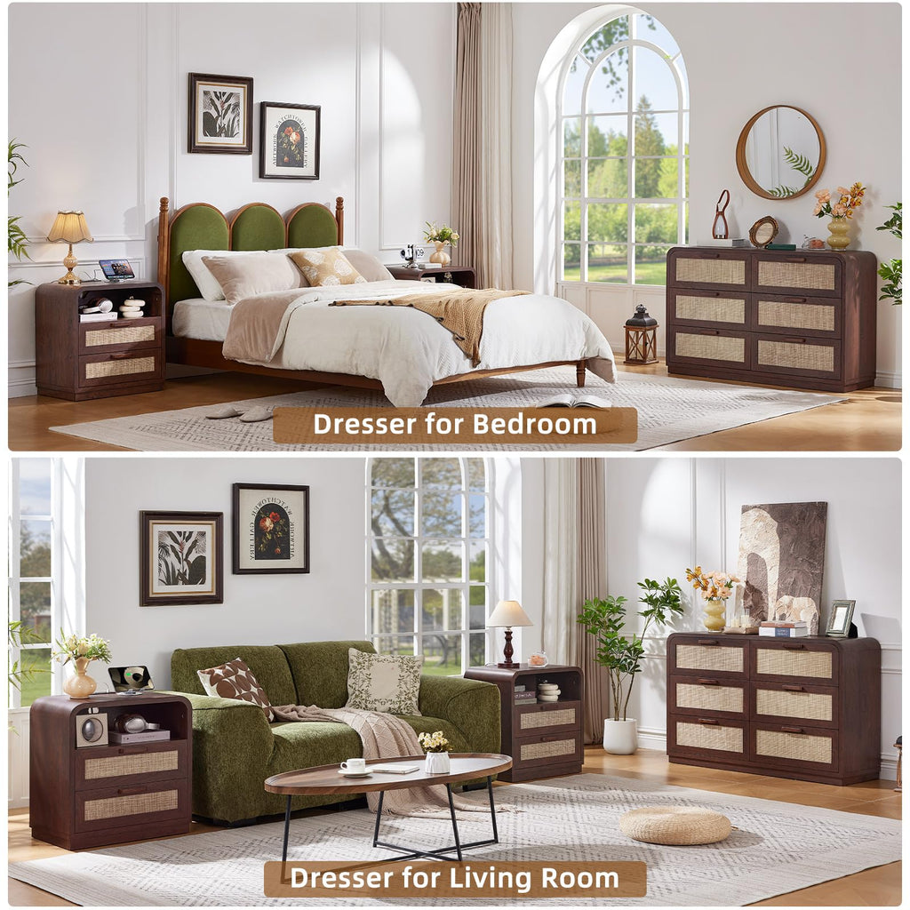 Rattan 6 Drawer Dresser, Walnut
