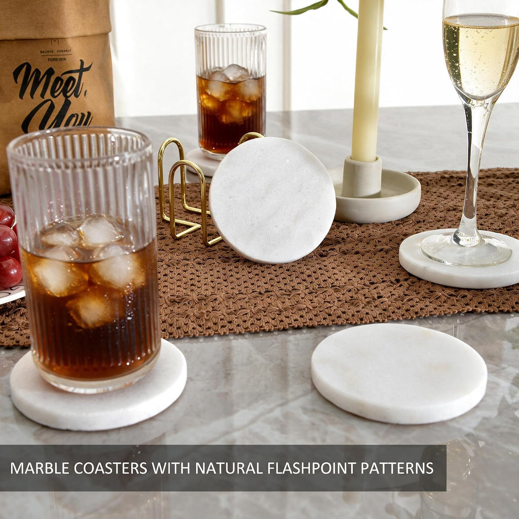Inches Modern Shining White Marble Coasters with Gold Metal Holder, Round Natural Stone Drink Coasters - Set of 5