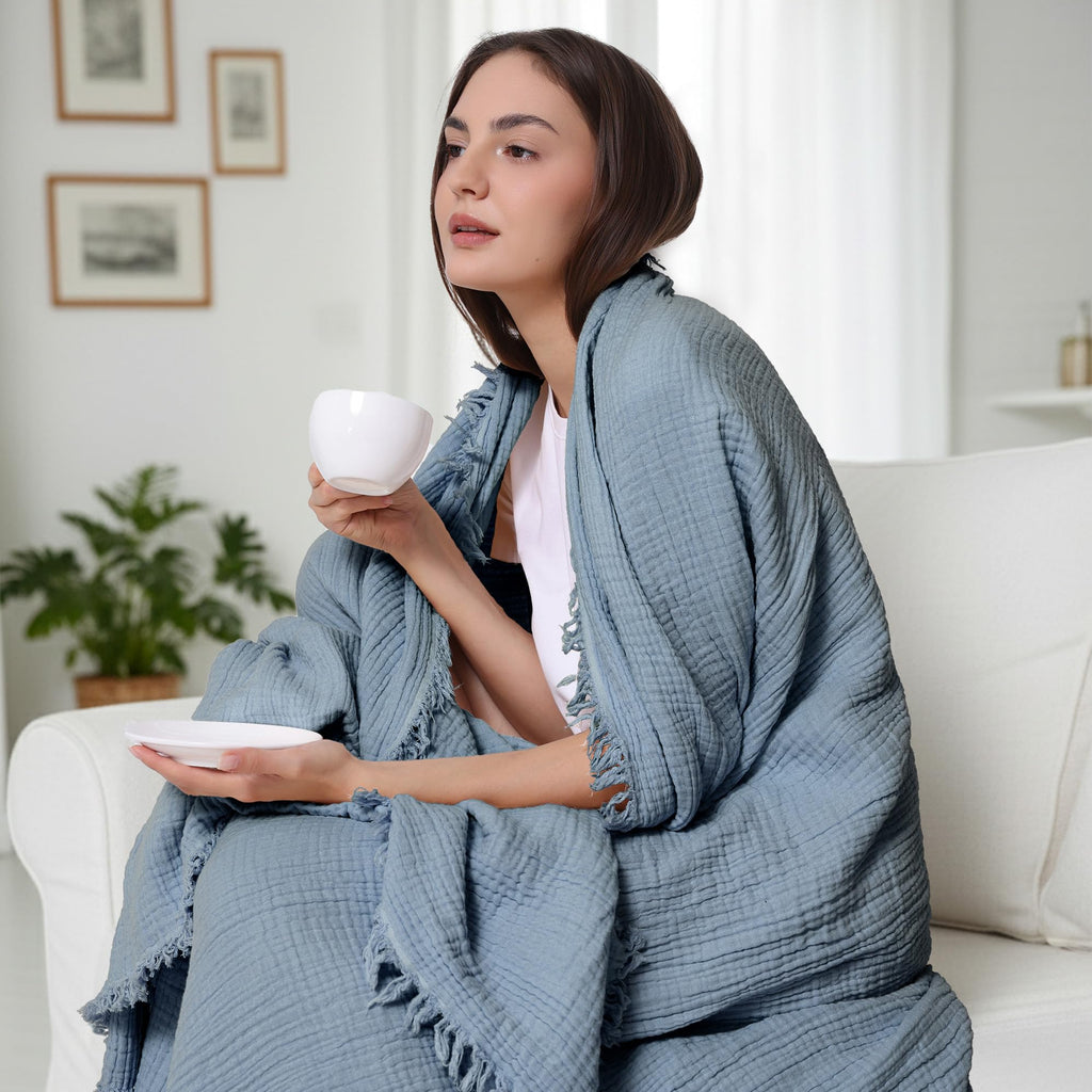 100% Cotton Muslin Blanket 4-Layer for Bed Breathable Lightweight Soft Large Boho Farmhouse Linen Tassels
