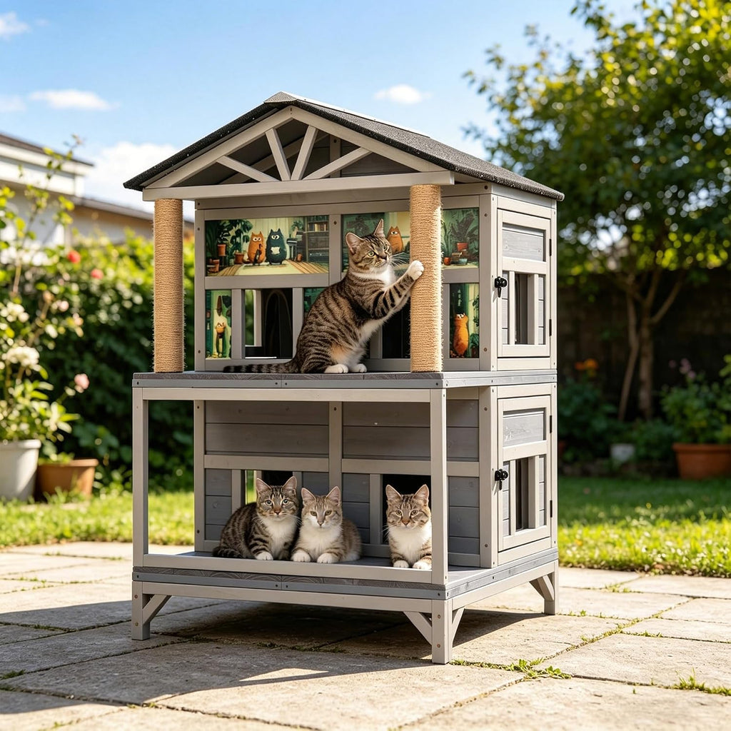 Double-Layer Feral Cat House, 50" Tall Weatherproof Outdoor Cat Shelter with 4 Sleeping Compartments, Asphalt Roof