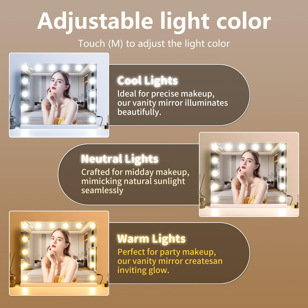 Vanity Mirror with Lights Lighted Makeup Mirror with Dimmable LED Bulbs,3 Color Lighting Modes,USB Charging Port