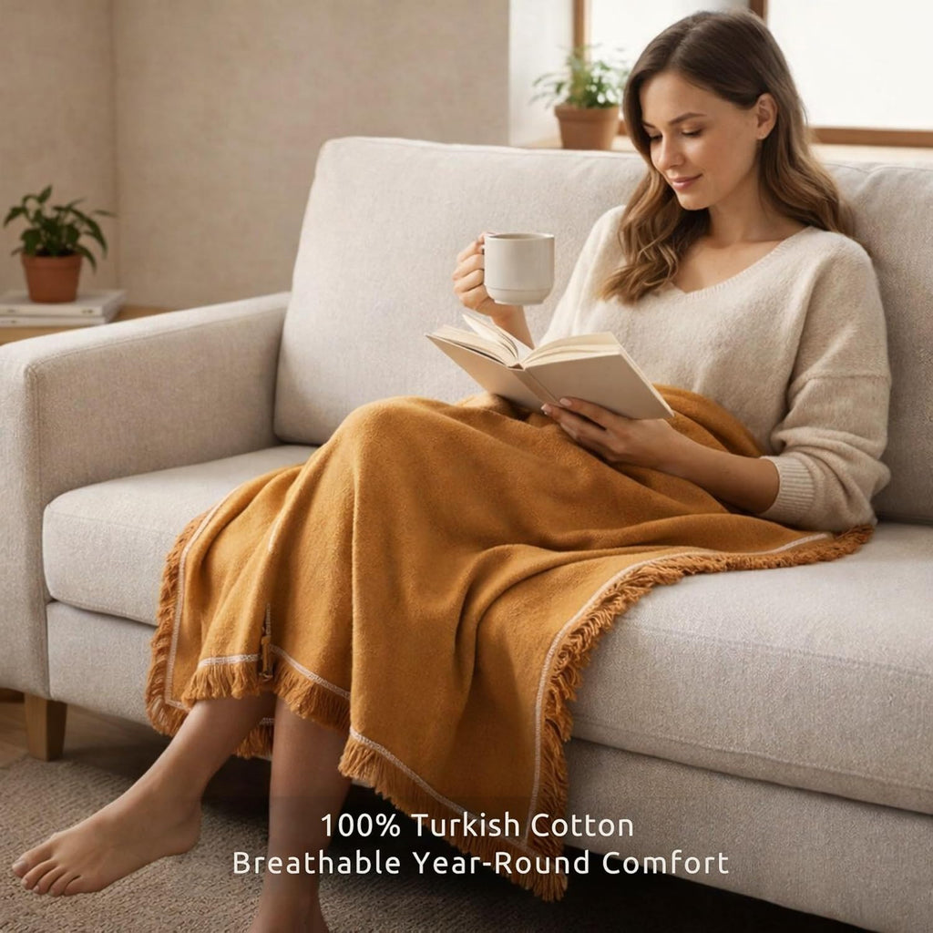 Odin Waffle Throw Blanket with Tassels, 50x66 Inch, 100% Turkish Cotton, Oeko-TEX Certified, Breathable Lightweight