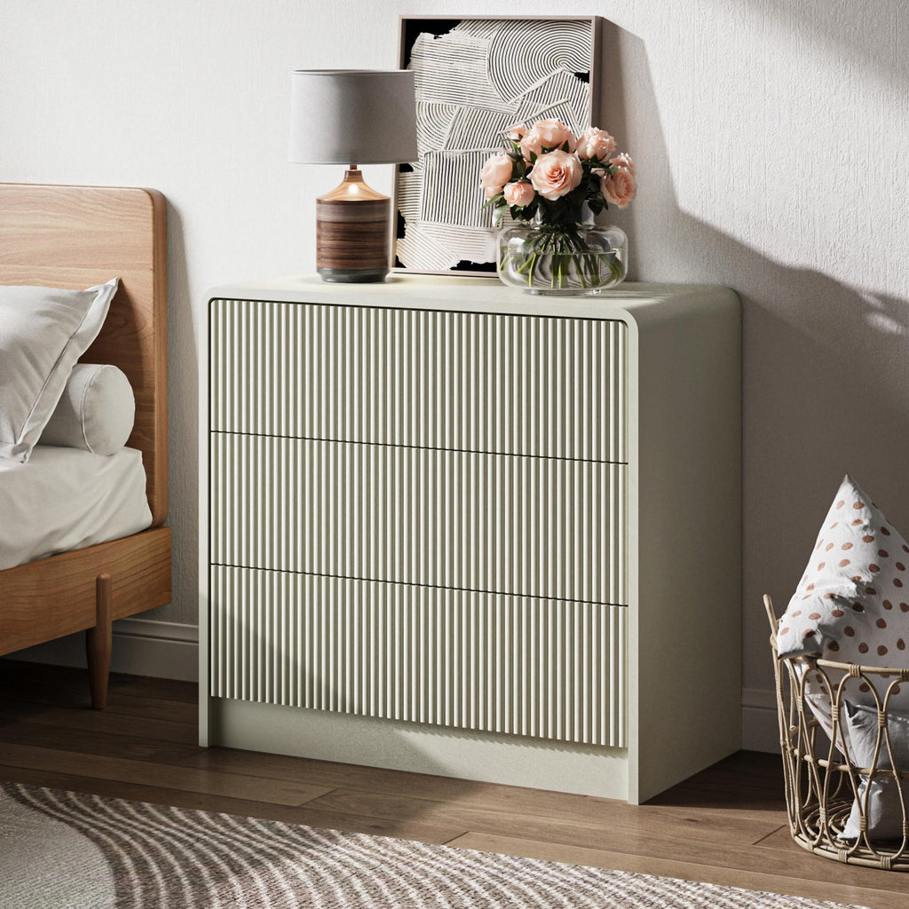 31.5" Wide Modern Curved 3 Drawer Dresser, Beige