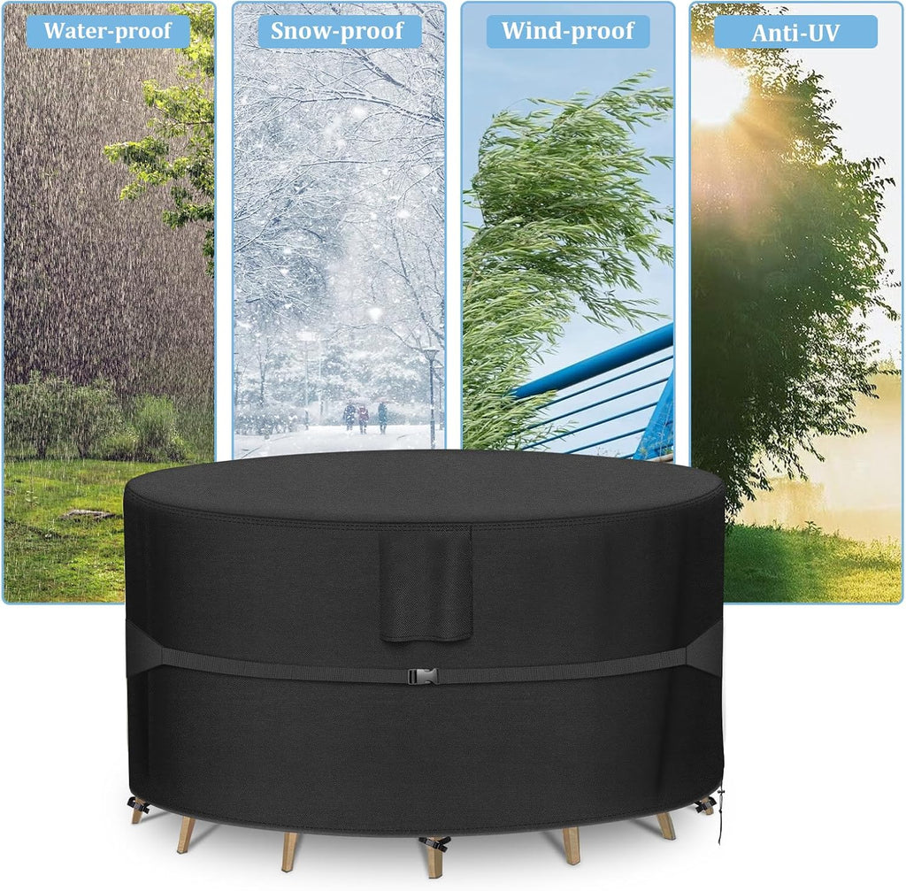 Round Patio Furniture Covers - 600D Heavy Duty Waterproof Outdoor Table Cover, Lawn Furniture Set Covers for Dining
