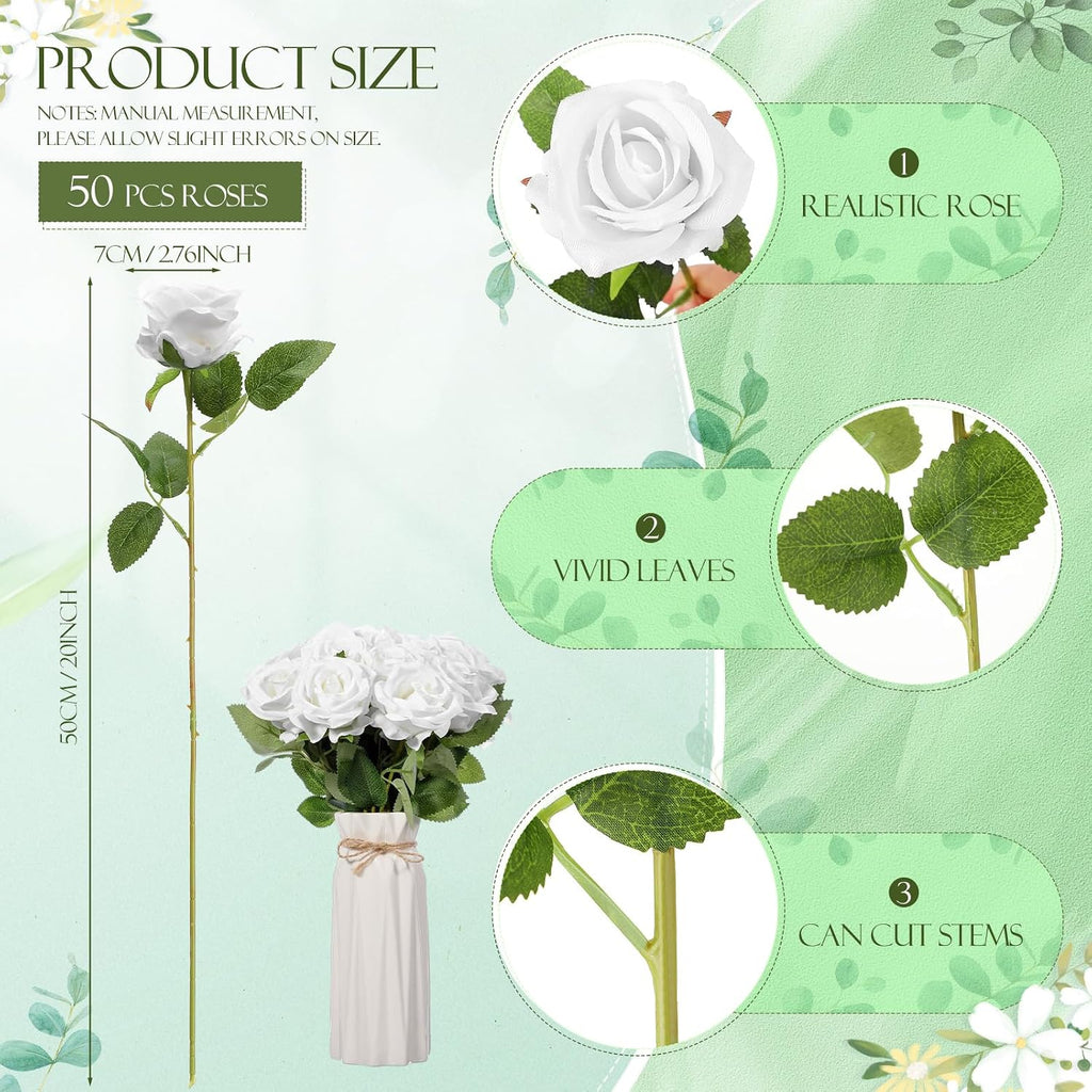 Artificial Silk Roses Bulk with Long Stem,Pure White - Set of 50