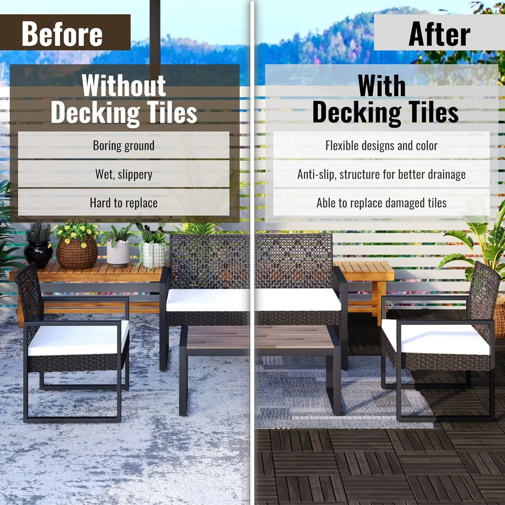 10/30 PCS Interlocking Deck Tiles Striped Pattern, 12" x 12" Dark Brown Square Acacia Hardwood Outdoor Flooring for