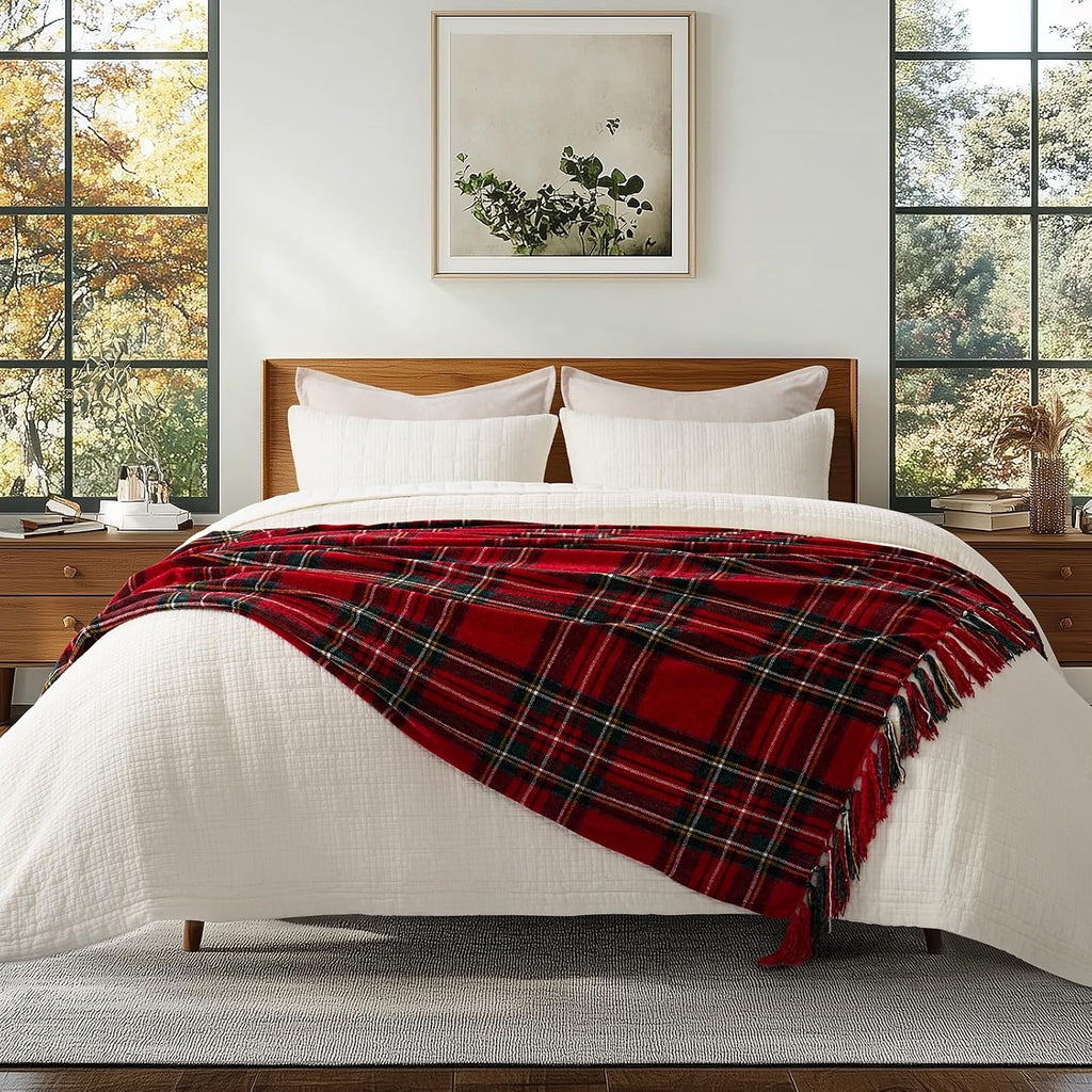 Chenille Christmas Throw Blanket, 50"x60", Red Stewart Plaid