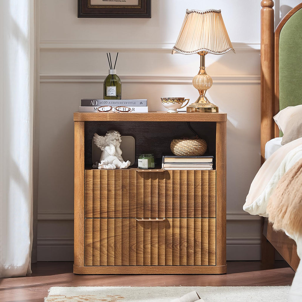 Fluted Farmhouse Nightstand Set of 2 with Charging Station, 23" Wide 2 Drawers End Table, Brown Dresser, Bed Side