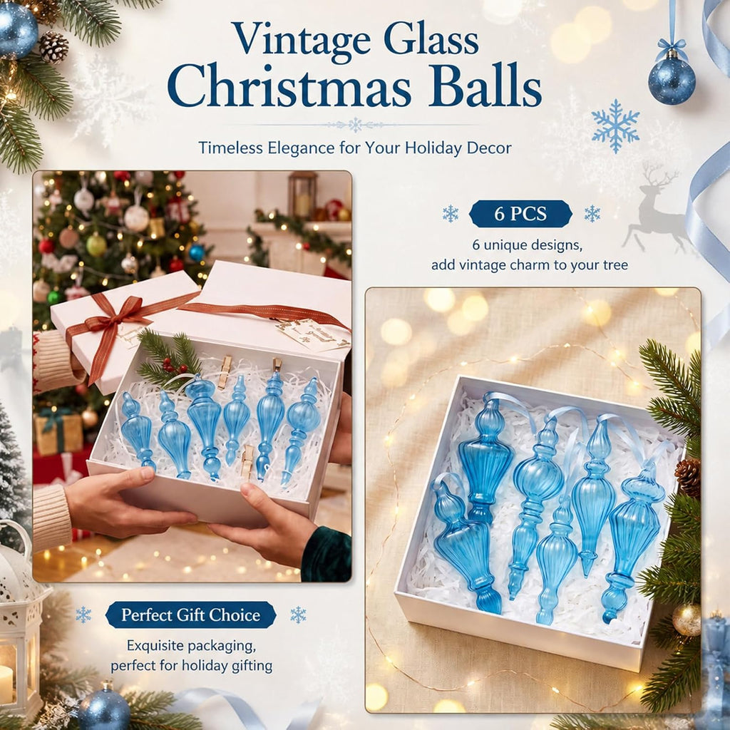 Vintage Glass Christmas Ornaments, Antique, Blue - Set of 6