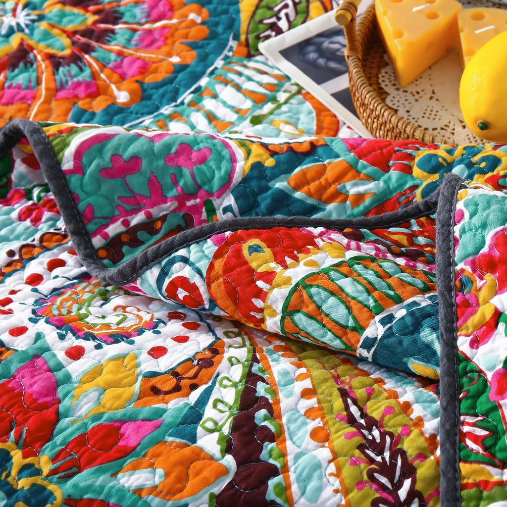 King Quilt Bedding Set, 100% Cotton Boho Bedspread, Vibrant Colorful Gorgeous Paisley Print Coverlet for Living