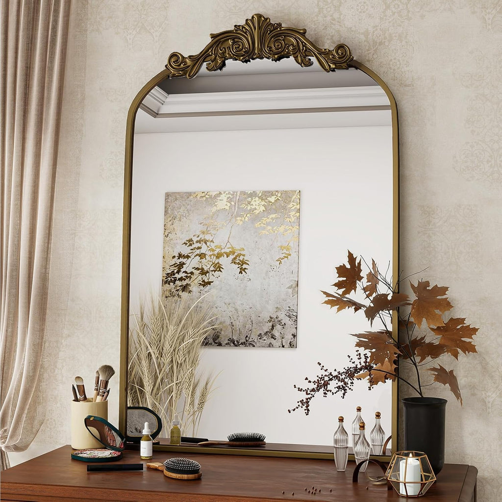 Vintage Arched Wall Mirror, 30"x22" Bronze Antique Bathroom Mirror