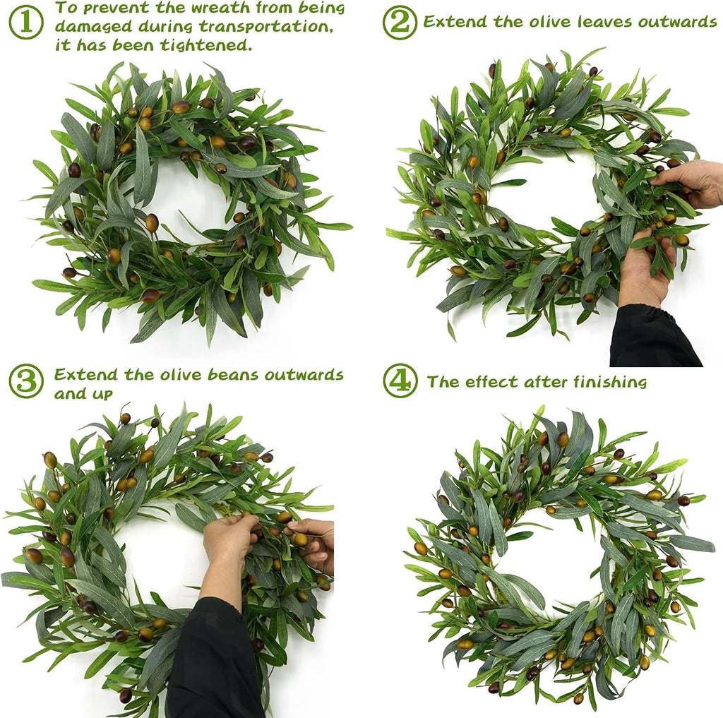 20 inches Artificial Green Olive Wreath Greenery Wreath with Olive Leaves, Bean for Front Door Indoor Outdoor
