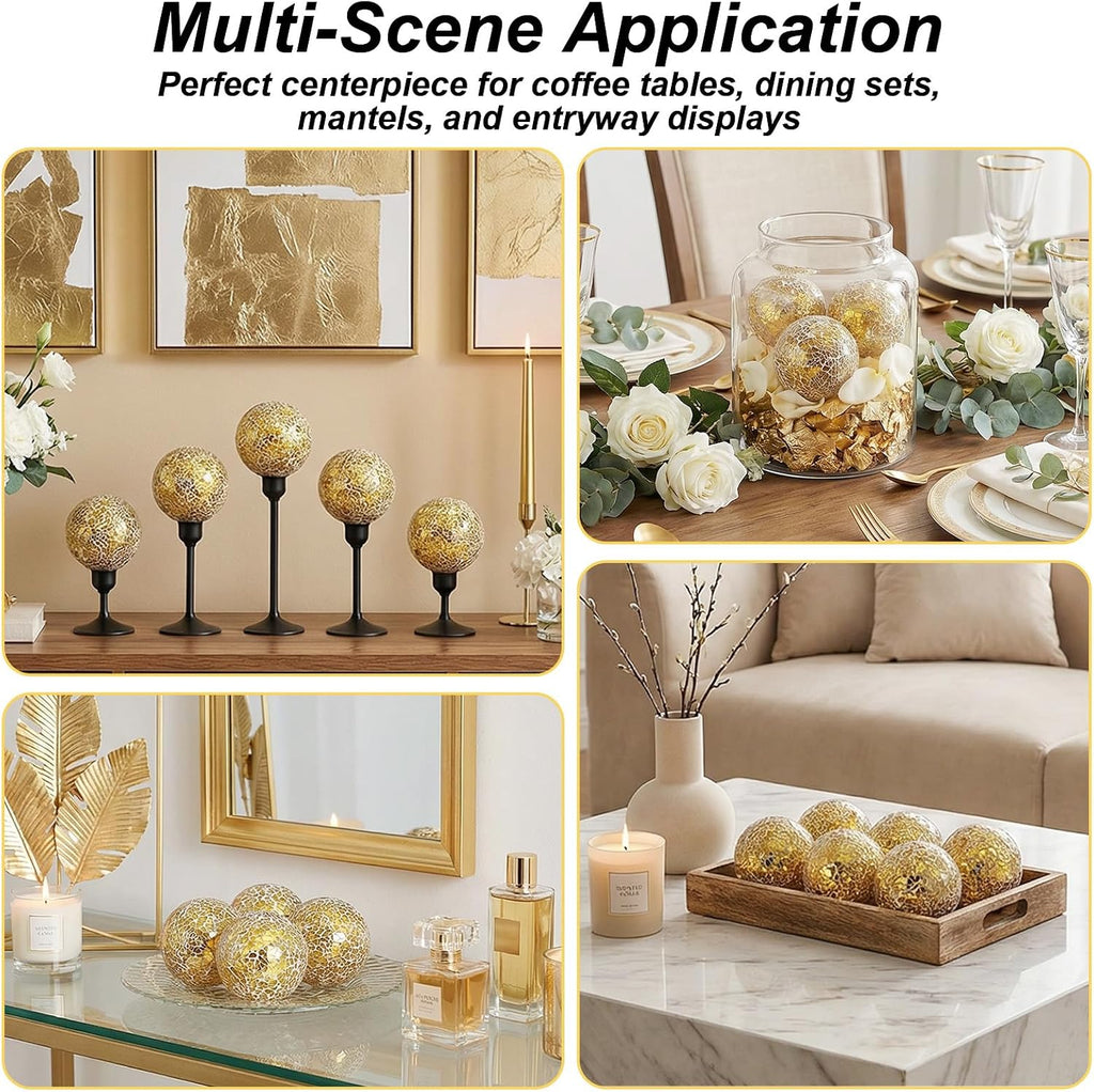 Decorative Balls for Bowls Gold Orbs Glass Balls Mosaic Glass Orbs Centerpiece Ball 3.1 Inch Decor Table Vase - Set of 5