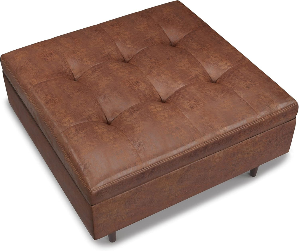 Sienna 33" Wide Linen Look Fabric Storage Ottoman in Dove Grey | Distressed saddle brown, mid-century modern ottoman