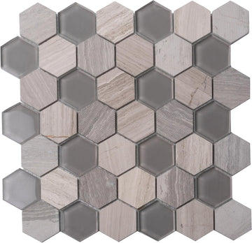Hexagon Mosaic Glass & Marble Tile Grey 11.8x12 Polished 4.92 sq ft 5-Pack | Mesh-mounted natural stone. Kitchen