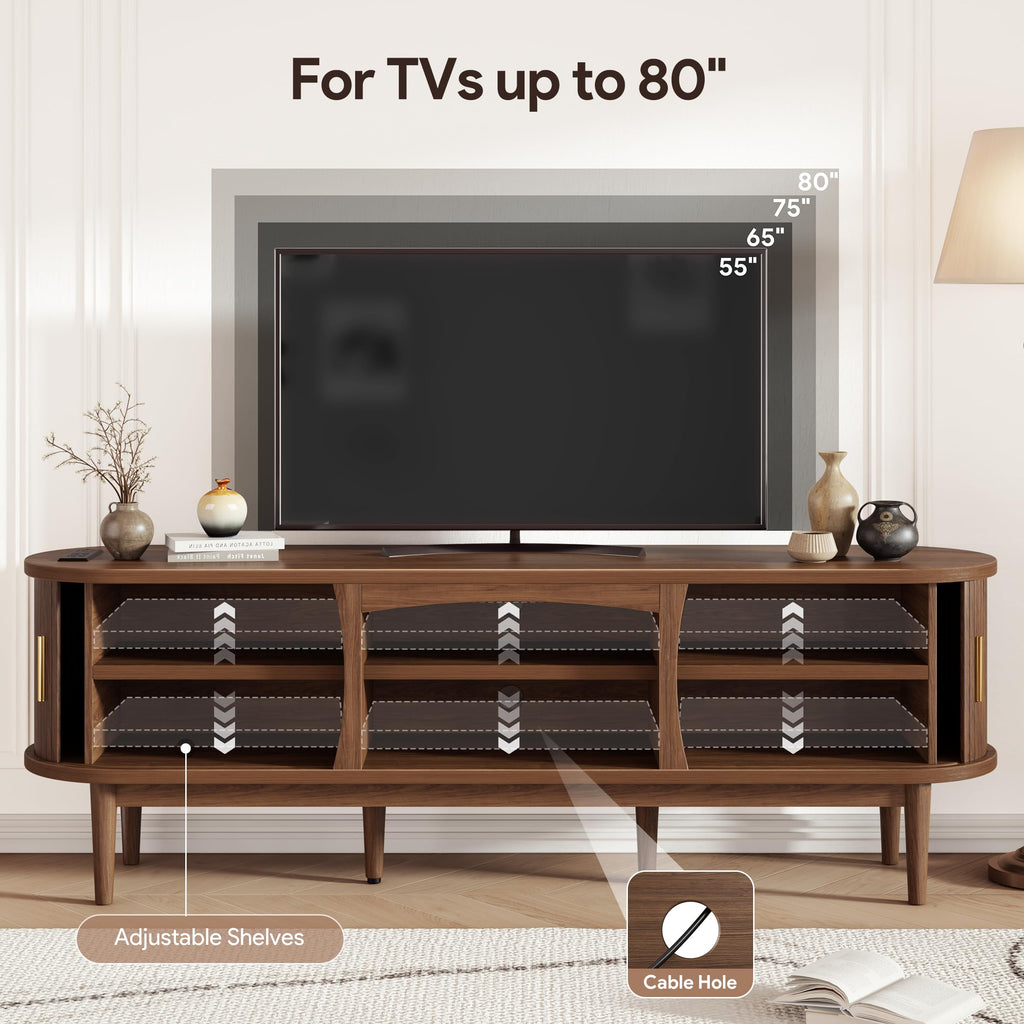 Mid Century TV Stand for TVs up to 80 Inches, Entertainment Center with Storage, Power Outlet, Fluted Sliding Doors &