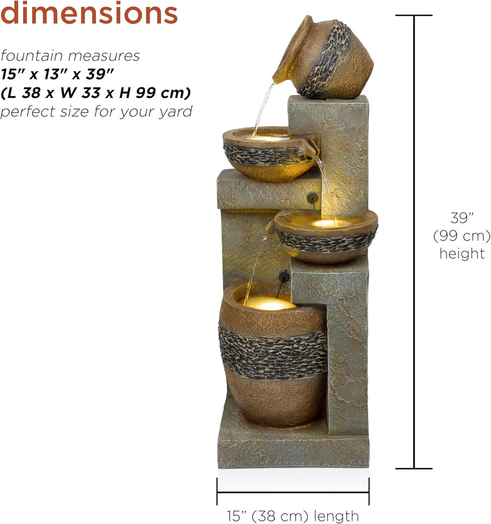 TVH244 39" Outdoor 4-Tier Cascading Pots Water Fountain with LED Lights