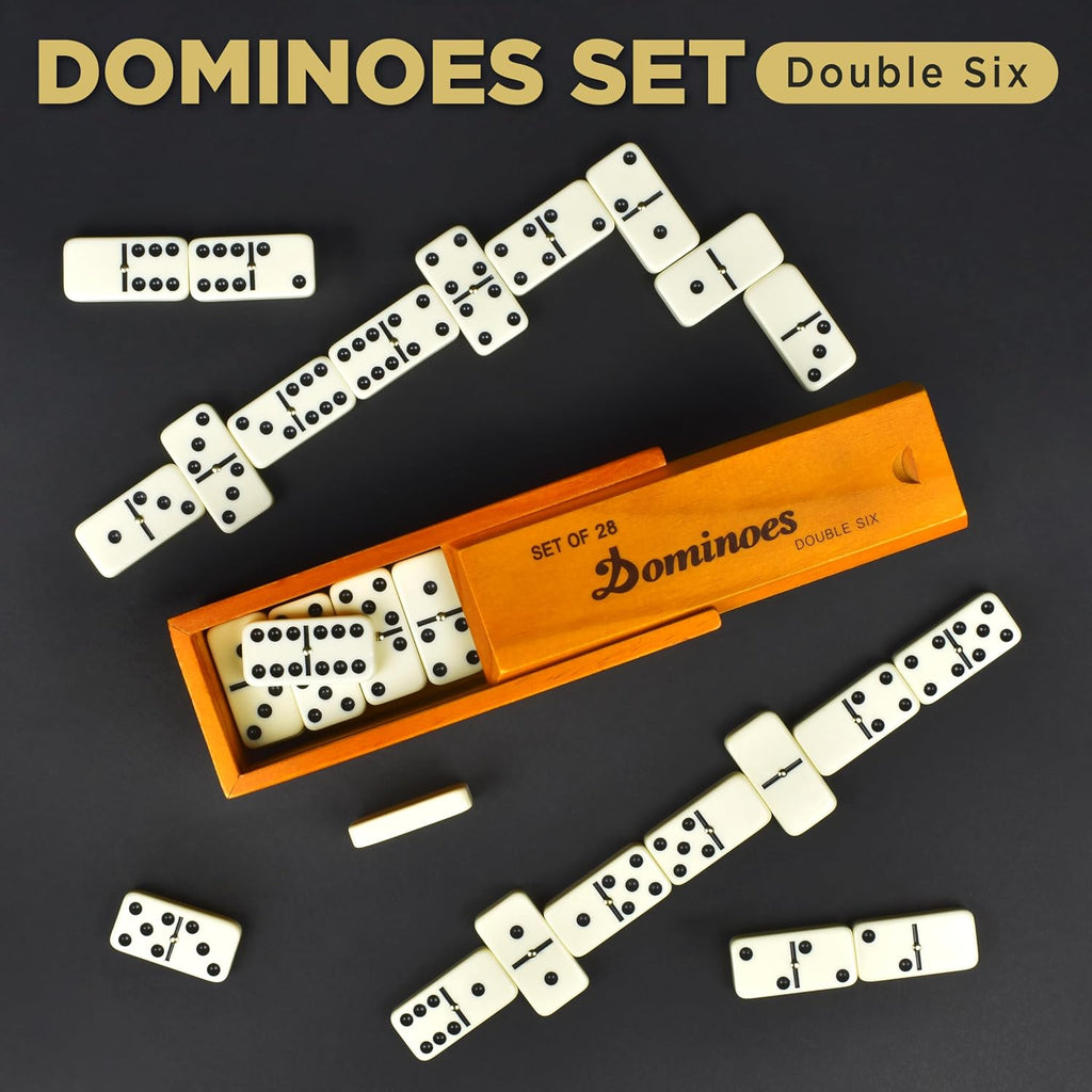 Dominos Set for Adults, Double 6 Dominoes Set with 28 Tiles in Wooden Case, Classic Dominoes, Family Board Game