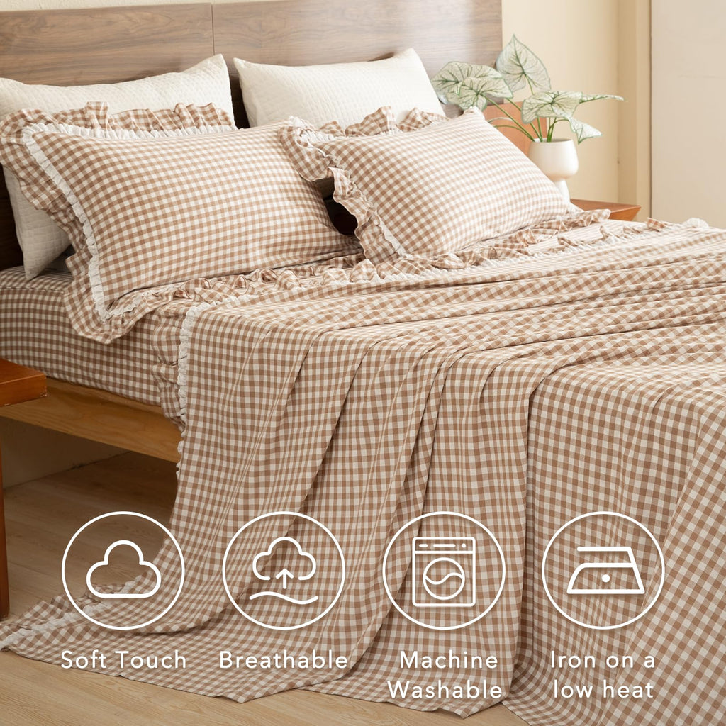 3 Piece Cotton Sheet Set, Tan Gingham & Lace Ruffle Fitted