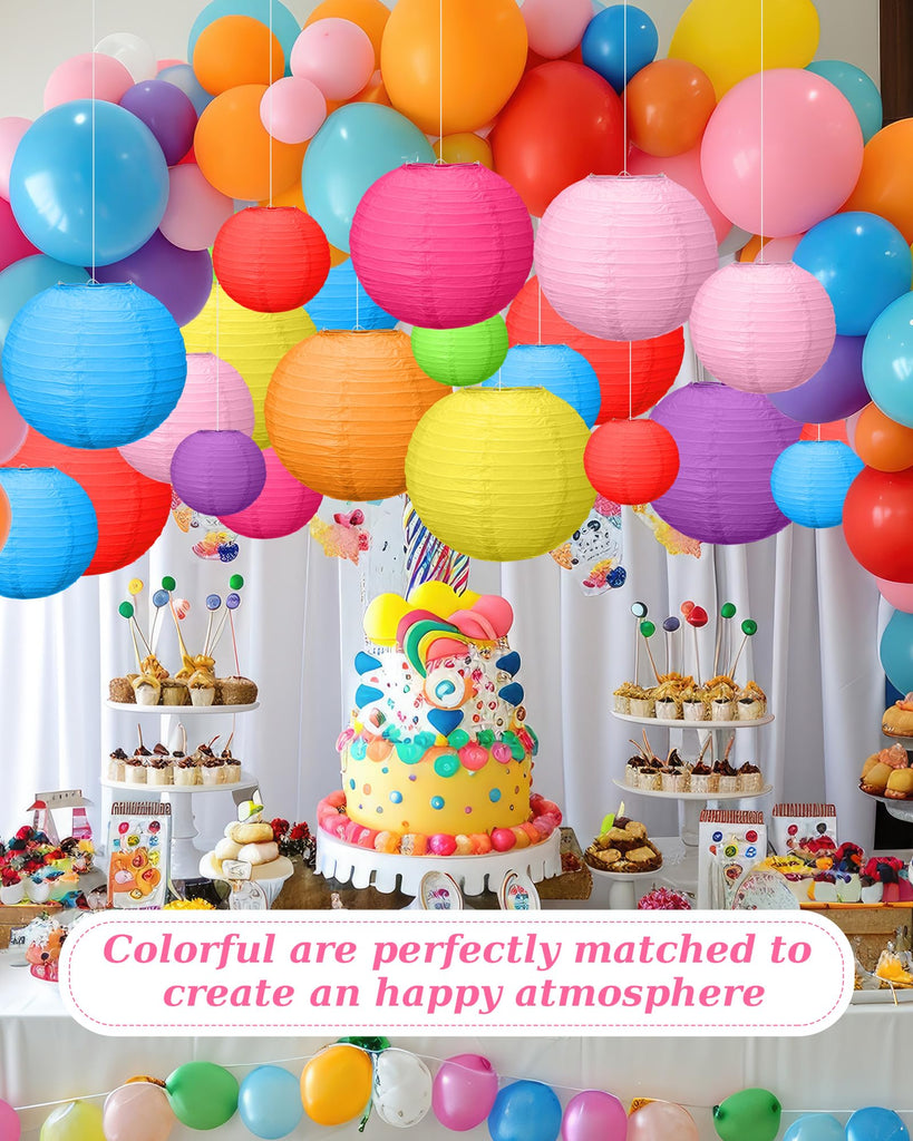 Inspired Noguchi Style Paper Lanterns Bulk, 5 Sizes, Round Chinese Lamp, Colorful, 80 Pcs