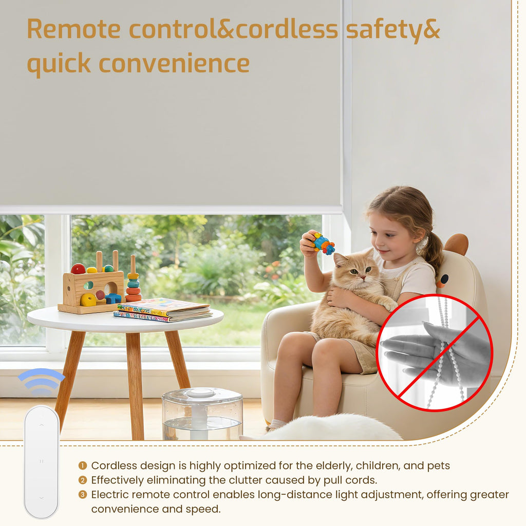 Motorized Blinds with Remote Control, Blackout Roller Shade Electric Shades Cordless Smart Blinds Living Room