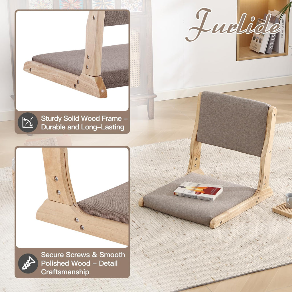 Foldable Floor Chair with Back Support, Wood Grey, No Assembly