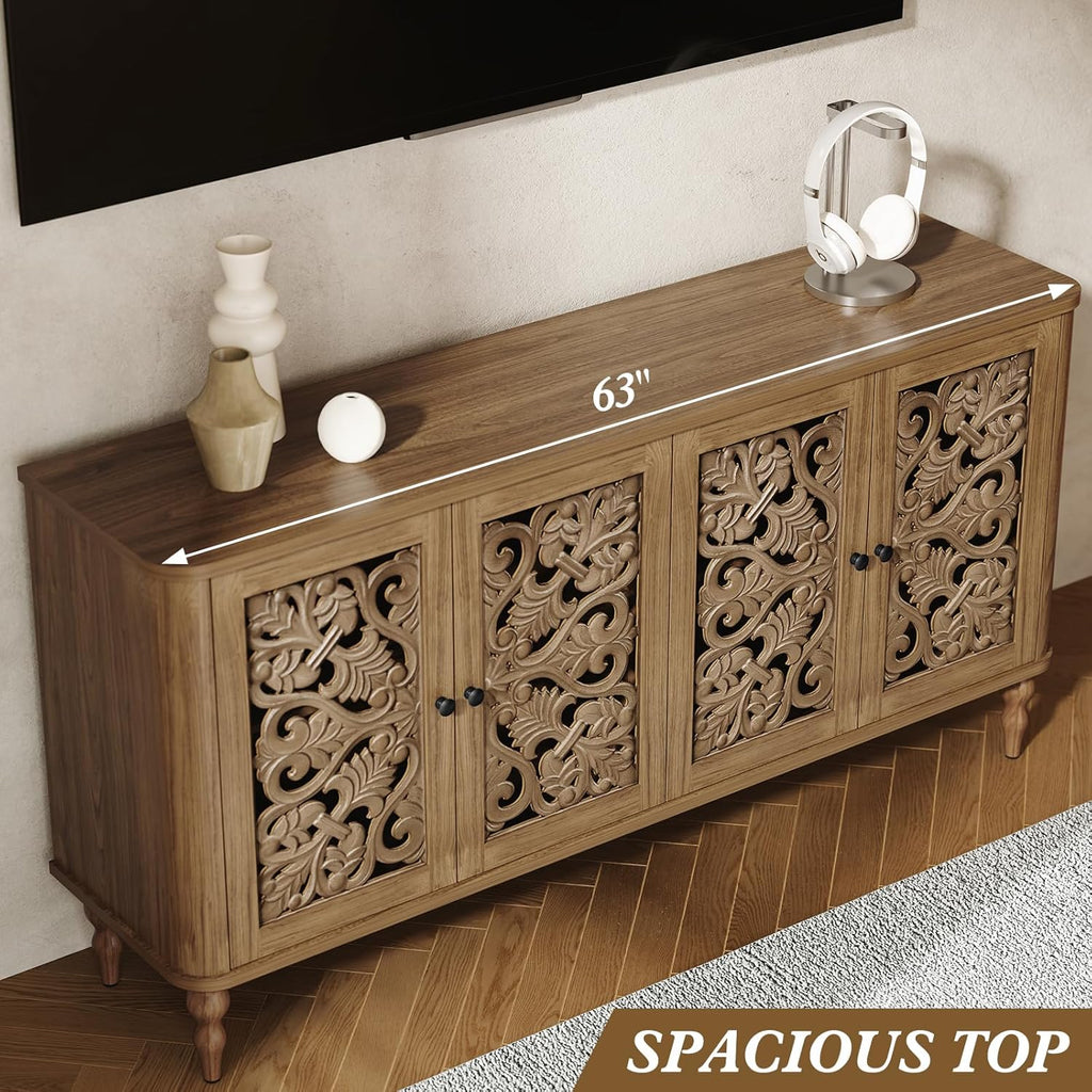 63" Retro Arc Carved Sideboard Buffet Cabinet, 4 Craft Doors Wooden Accent Credenza for Living Room, Dining Room