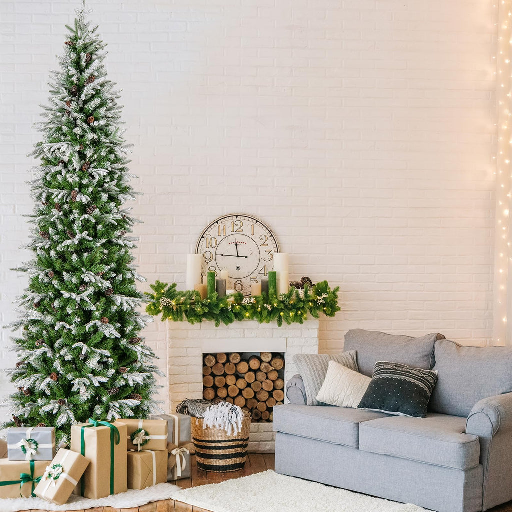 9 FT Pre-lit Flocked Pencil Christmas Tree, Hinged Artificial Xmas Tree with 1310 PE PVC Branch Tips, 470 Warm White