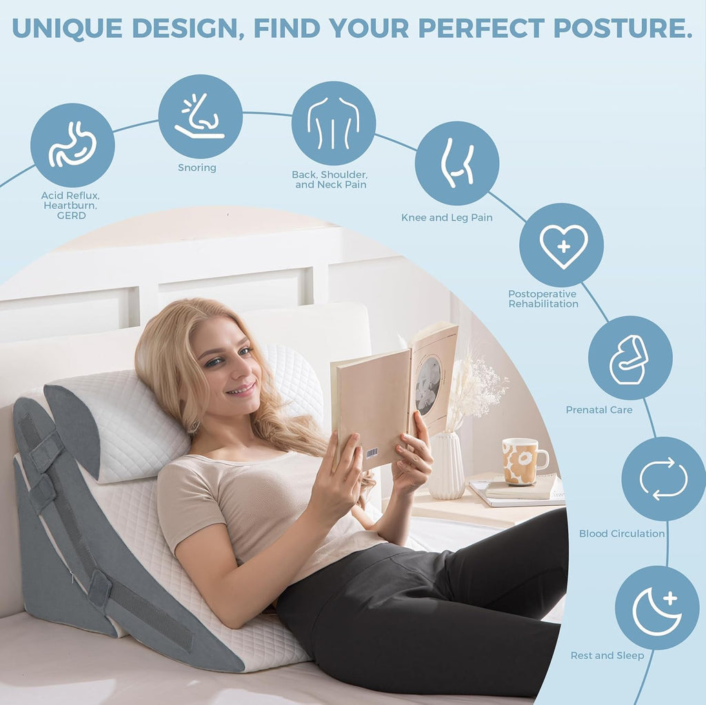 Orthopedic Bed Wedge Pillow Set Memory Foam Infinitely Adjustable Angles Triangle Pillow for Leg Knee Support Sleep