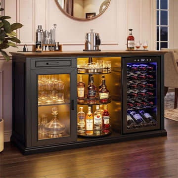 60.2-Inch Home Bar Cabinet with Fridge Space, Amber LED, Black/Walnut