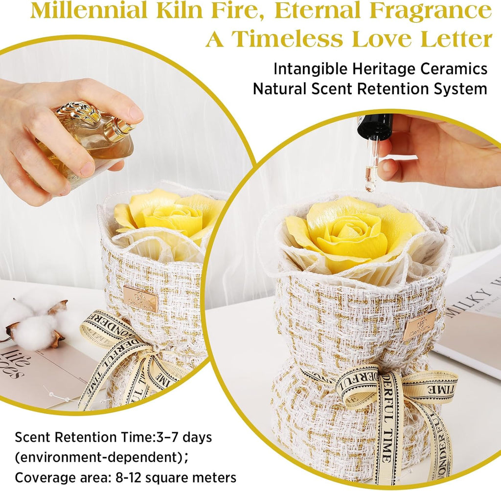 Yellow Ceramic Rose Bouquet for Essential Oil-Ceramic Diffuser for Small Mini Room(Passive Diffuser Aroma Stone)The