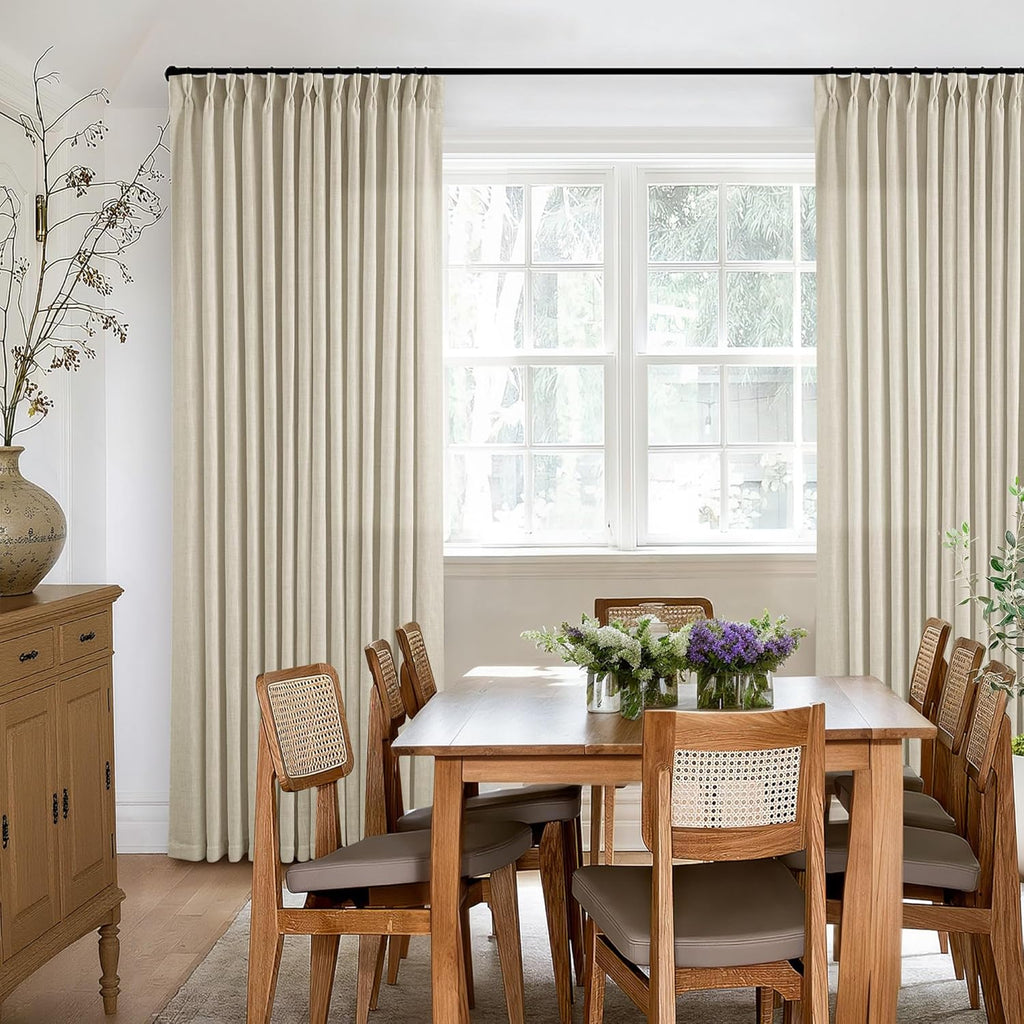 Beige Linen Curtains 96 Inches Long Pinch Pleated 2 Panels Living Room Bedroom Memory Trained Semi Sheer Neutral Flax