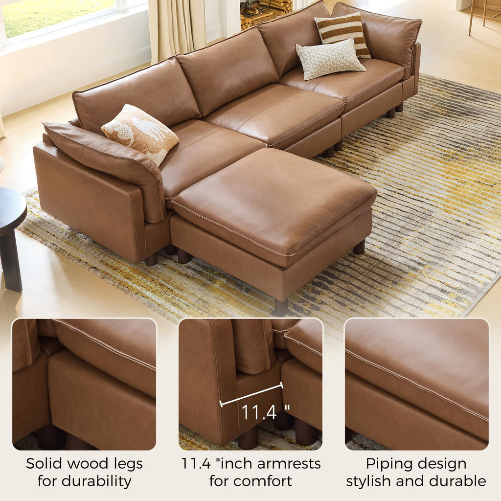 127" Genuine Leather Sofa, Large Sectional Couches, 4 Seater, Saddle