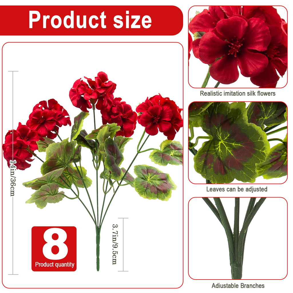 8 Pcs Geraniums Artificial Flowers for Outdoor Decor, Red