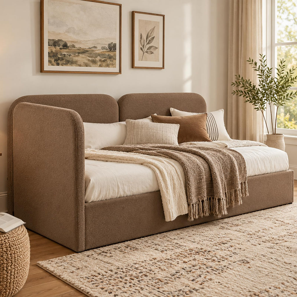 Twin Size Lift-Up Storage Daybed, Reversible Corner, Boucle Brown