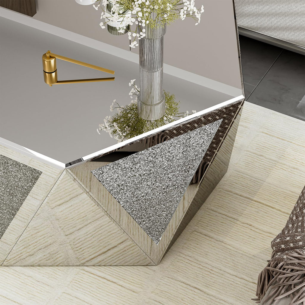 Mirrored Coffee Table with Crushed Diamond, Luxury Hexagon Silver Coffee Table, Living Room Table for Art Deco Office