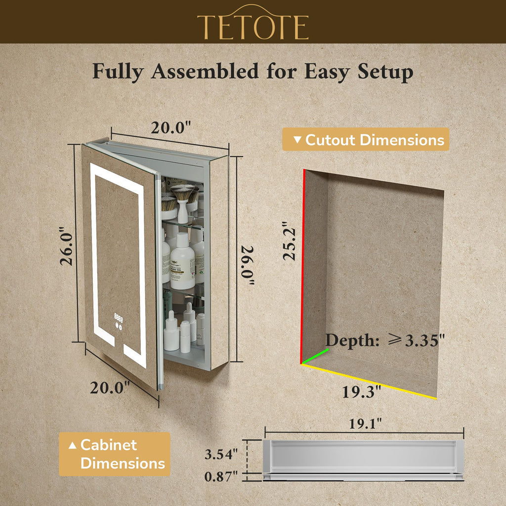 LED Lighted Medicine Cabinet Mirror 20 x 26 Tempered Glass Recessed or Wall Mounted Cabinet with Storage & Outlets &