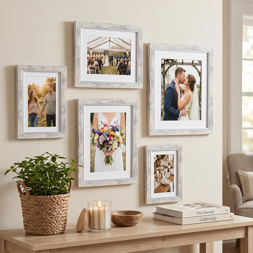 8x10 Picture Frame Set of 5 with Tempered Glass, Silver White