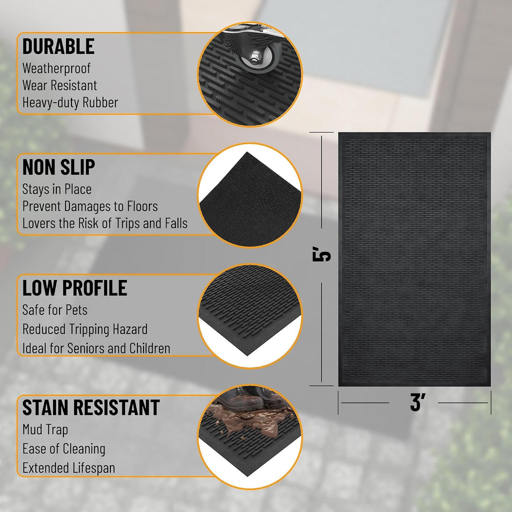 Waterproof Rubber Outdoor Doormat - Heavy-Duty Non-Slip Rubber Floor Mat with Ridge Scraper Pattern, All-Weather