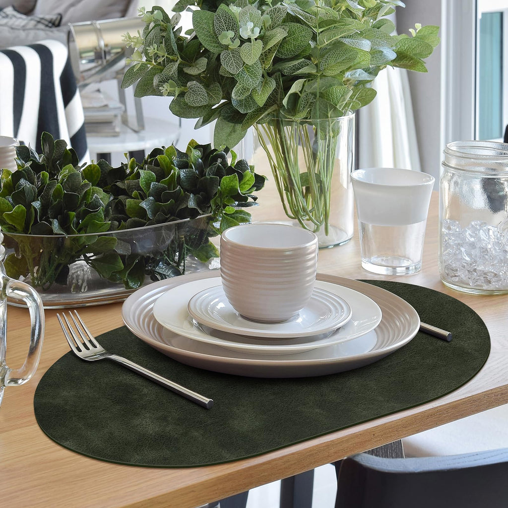 Oval Placemats Set of 12, Wipeable Faux Leather, Olive Green