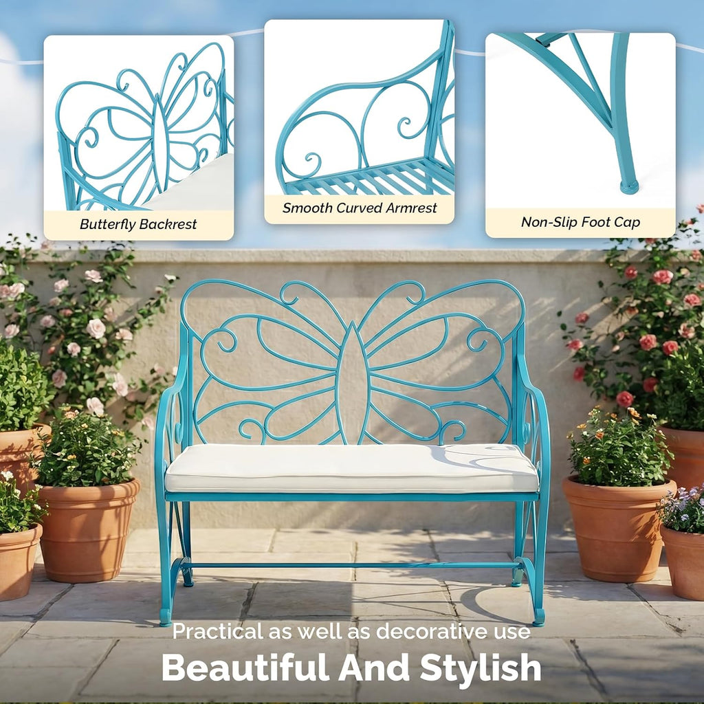 38.7in Cast Iron Outdoor Bench with Cushion, All Weather Resistant Metal Bench with Curved Armrests and Butterfly